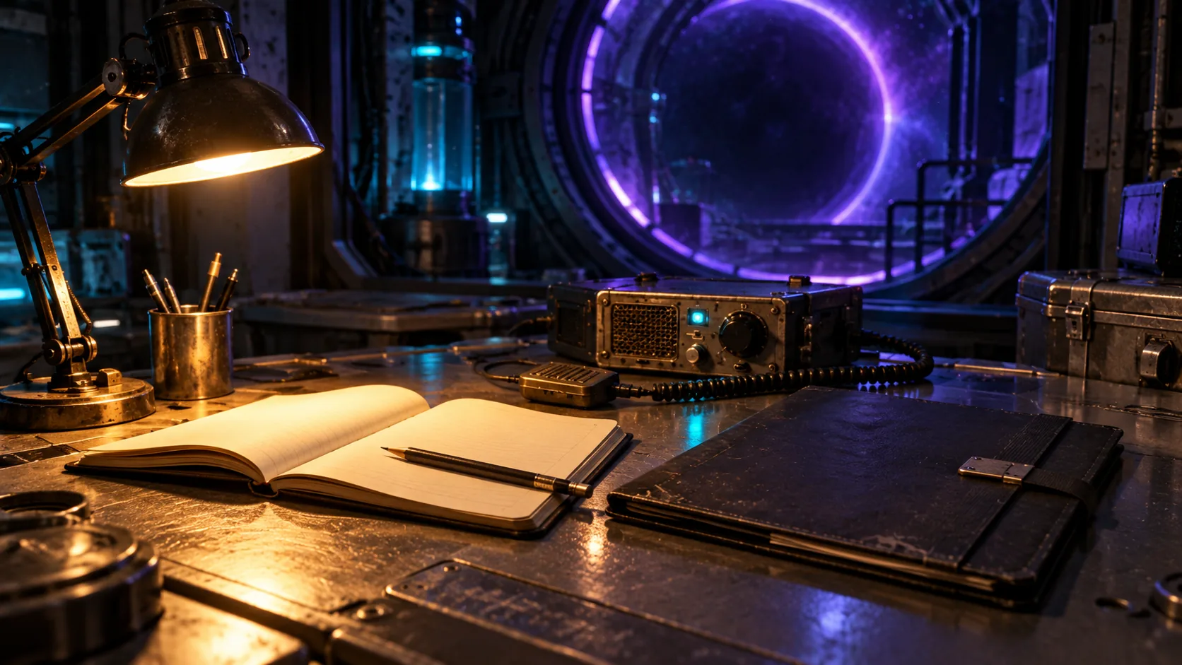 Carnet ouvert et poste de transmission sur le bureau d’un laboratoire NovaTech.